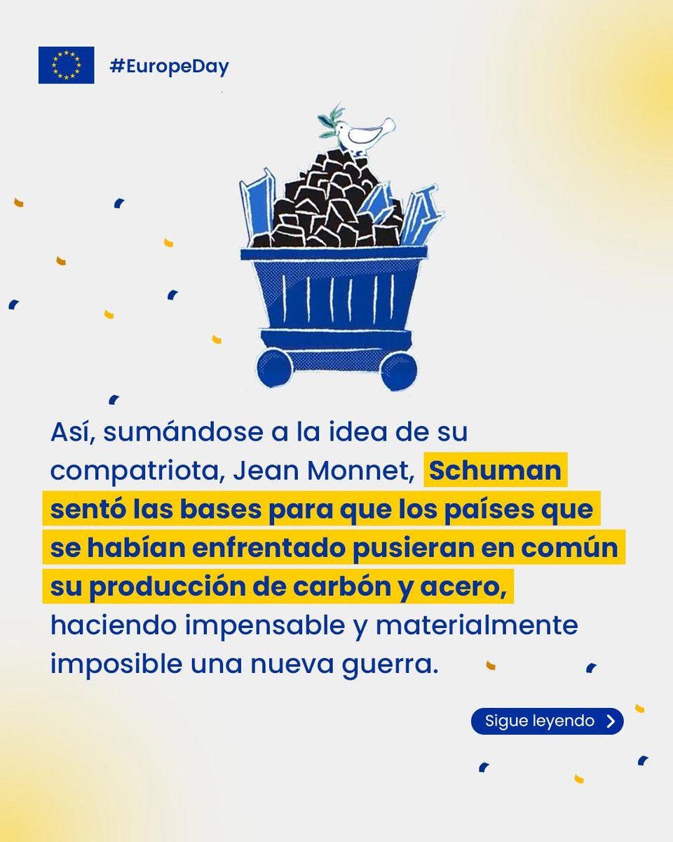 UEenPanama's tweet image. ¿Sabes por qué el 9 de mayo es el Día de Europa🇪🇺 (y mayo, el Mes de Europa)?
En 1950, 5 años después de la Segunda Guerra Mundial, los países europeos decidieron unirse para hacer imposible una nueva guerra.
La integración europea se fue construyendo como un proyecto de paz.