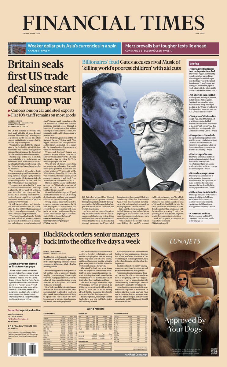 Just published: front page of the Financial Times, international edition, Friday May 9 on.ft.com/4mpwlin