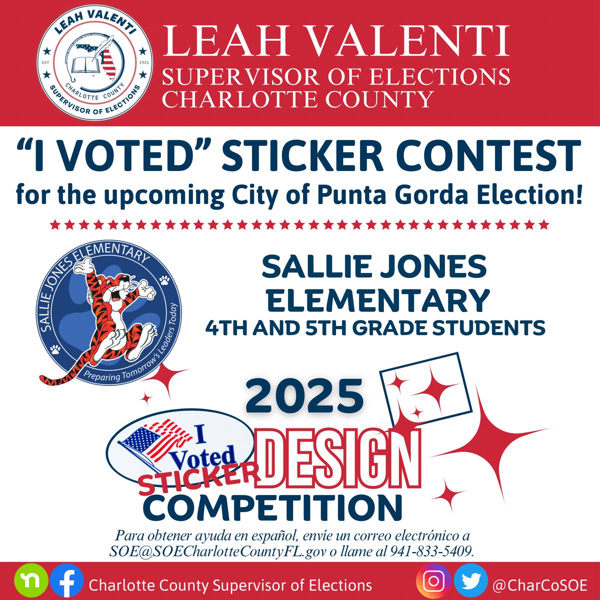 CharCoSOE's tweet photo. 🎨🗳 “I Voted” Sticker Contest was launched for all 4th &amp; 5th grade art students at Sallie Jones Elementary — the winning design will be featured in the upcoming 2025 City of Punta Gorda Election! Stay tuned for the winning design! 🖍

#IVotedSticker #FutureVoters 
#PuntaGorda https://t.co/rVvkKztNNl