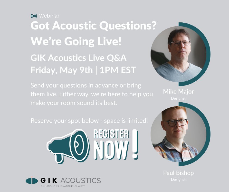 GIKAcoustics's tweet photo. 🎙️ Got acoustic questions? We’ve got answers.
Join us for a Live Q&amp;A with the GIK Acoustics design team – Friday, May 9 at 1PM EST / 7PM CET.

Learn what works, what doesn’t, and get expert tips for your space.
Spots are limited!

📍Signup link in the first comment 👇 https://t.co/wXE3qaB9M4