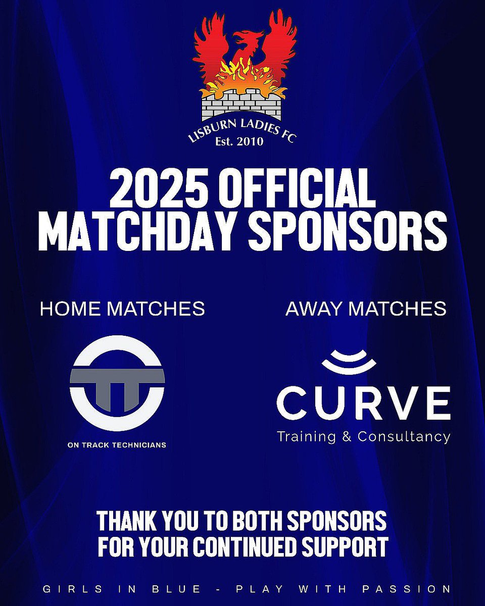 SPONSORSHIP ANNOUNCEMENT

Our Club is delighted, excited &amp; extremely grateful that once again these two brilliant local businesses have agreed to continue their support of our Club 💙⚽️💙

On Track Technicians Ltd
Curve Training and Consultancy 

GIRLS IN BLUE - PLAY WITH PASSION