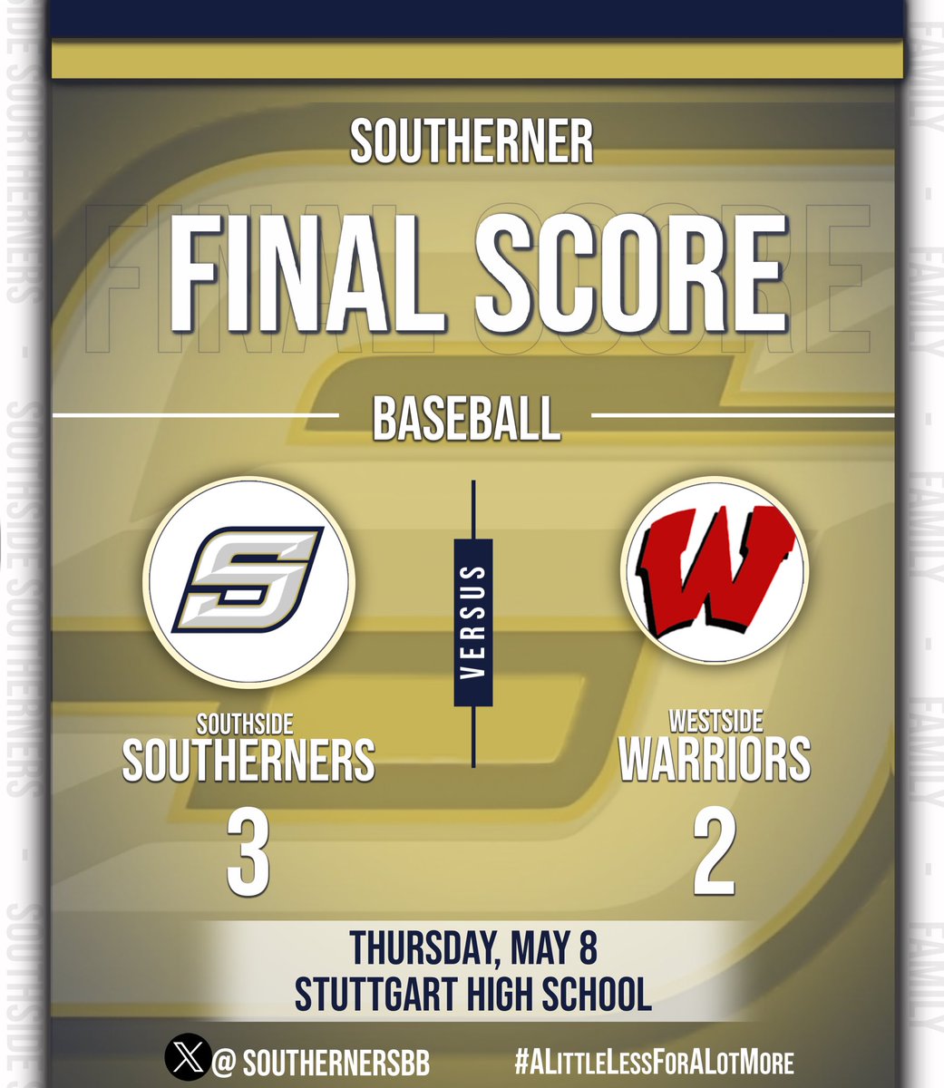 For the first time since 1992, Southside clinches a state tournament bid in back to back years! 

Final score: 
           Southside: 3
           Westside: 2

Card Winner: 25’ (SS) Jaden Passmore 

#SouthsideBaseball #ALittleLessForAlotMore