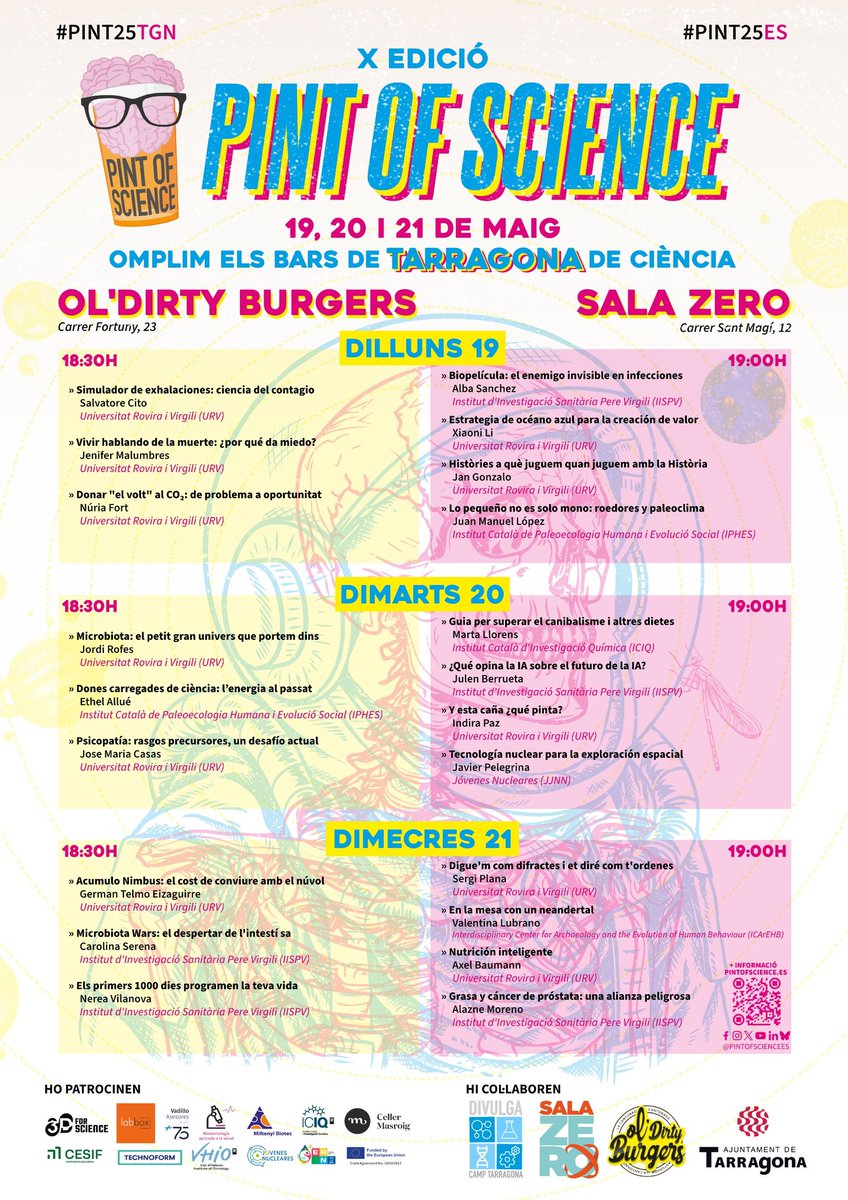 Divulgació Científica al Camp de Tarragona (@divulgatgn) on Twitter photo Aquí teniu disponibles totes les xarrades d’aquesta X edició que es realitzaran als bars de Tarragona durant els dies 19, 20 i 21 de maig.
Us hi esperem!🧠🍺🔬⚛️
#pint25tgn #pint25reu #pint25es
<a href="/pintofscienceES/">Pint of Science ES</a> Aquí teniu disponibles totes les xarrades d’aquesta X edició que es realitzaran als bars de Tarragona durant els dies 19, 20 i 21 de maig.
Us hi esperem!🧠🍺🔬⚛️
#pint25tgn #pint25reu #pint25es
<a href="/pintofscienceES/">Pint of Science ES</a>