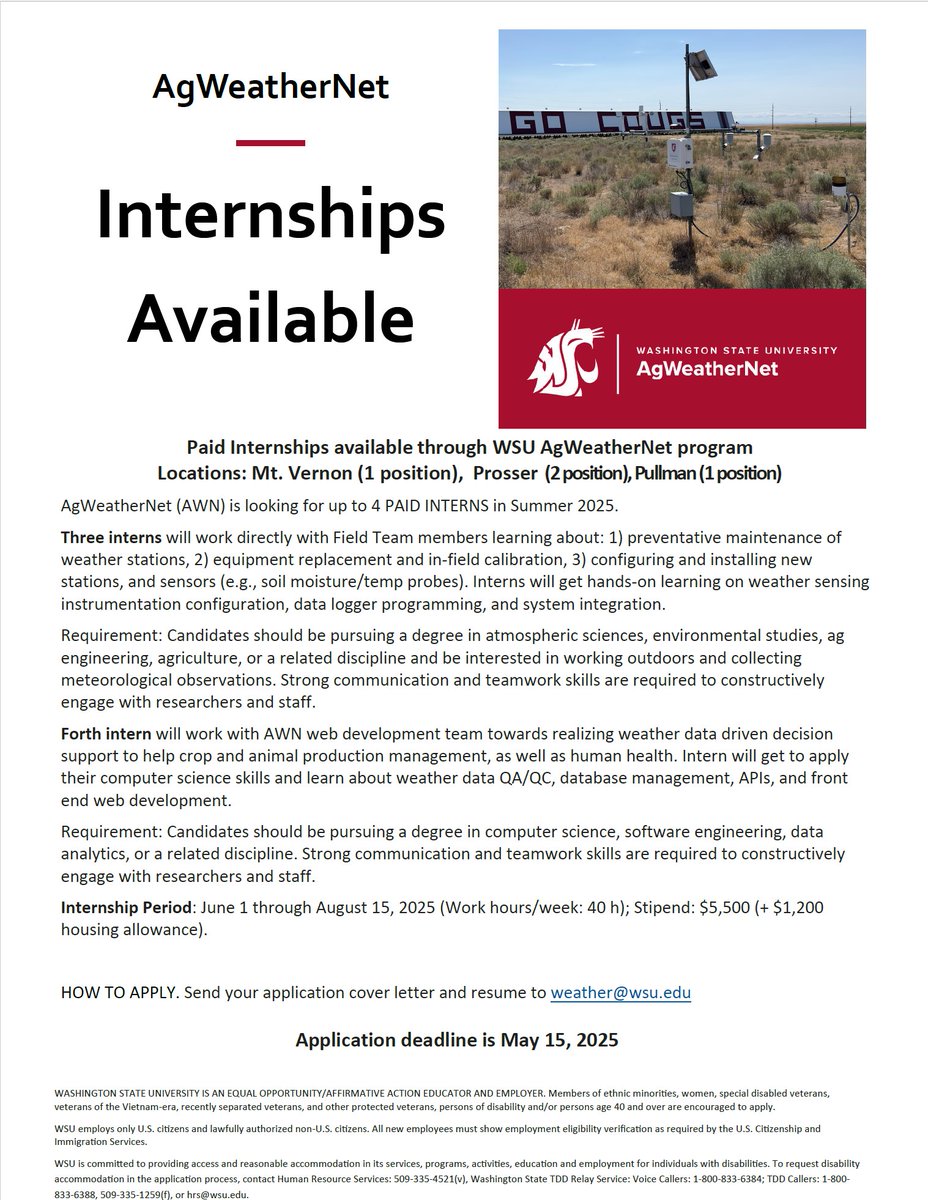 🚀 Exciting opportunity! WSU AgWeatherNet is hiring FOUR paid interns for 2025 in Washington: 1️⃣ Mt. Vernon, 2️⃣ Prosser &amp; 1️⃣ Pullman. Get hands-on with weather data &amp; ag decision support.
Applications are open till May 15—apply now and join the team! #AgWeatherNet #Internship