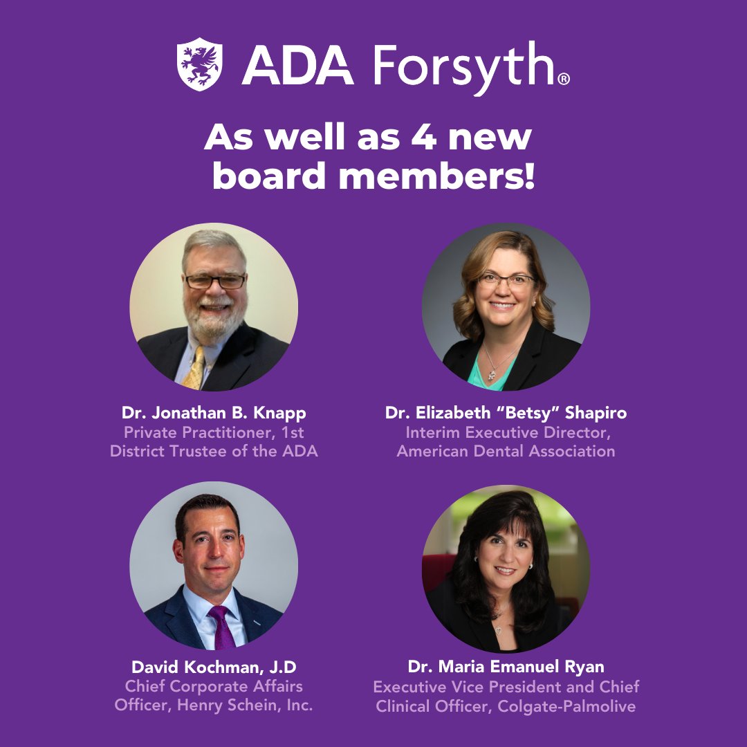 ForsythResearch's tweet image. ADA Forsyth welcomes Dr. James M. Boyle, III as chair of AFI’s board as well as 4 new board members with expertise spanning clinical care, corporate leadership, policy, and innovation.
@AmerDentalAssn @HenrySchein @Colgate
Learn more here: forsyth.org/ada-forsyth-in…