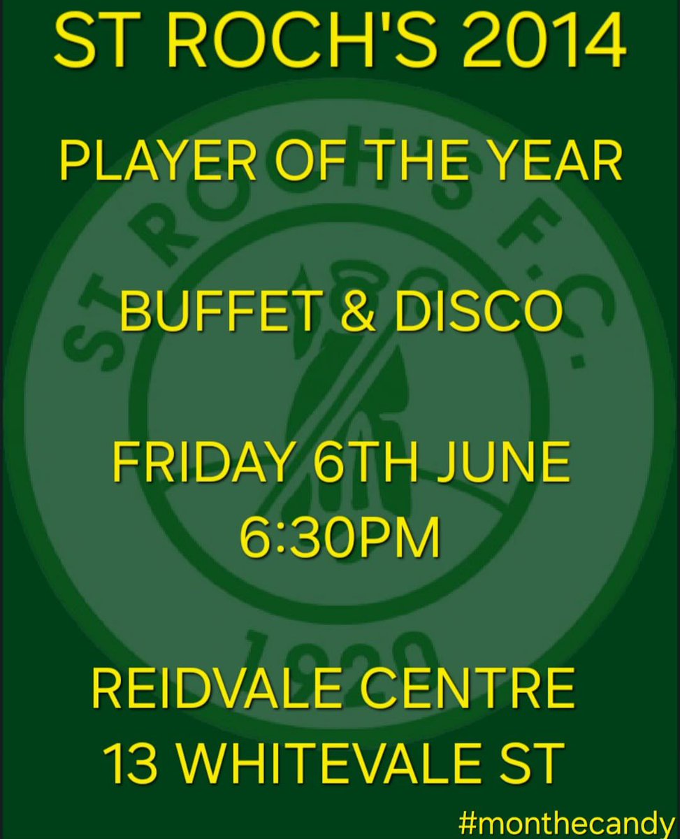 STRochs2014 (@srochs2014) on Twitter photo Our presentation night will be held on the 6th June at the Reidvale centre
Tickets will be on sale next week priced at £5 an adult & under 18’s free
We would love to welcome you all along to cheer on the boys and share their sucess with you
<a href="/StRochsJuniors/">St Roch's FC</a> <a href="/Candykendo/">St.Rochs Kendo</a> Our presentation night will be held on the 6th June at the Reidvale centre
Tickets will be on sale next week priced at £5 an adult & under 18’s free
We would love to welcome you all along to cheer on the boys and share their sucess with you
<a href="/StRochsJuniors/">St Roch's FC</a> <a href="/Candykendo/">St.Rochs Kendo</a>