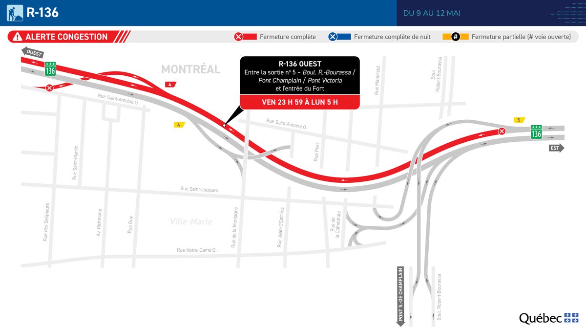 YUL Aéroport international Montréal-Trudeau (@yulaeroport) on Twitter photo The @transports_Qc wishes to inform road users that work on Route 136, between Greene Avenue and the entrance to the Ville-Marie Tunnel, will require the complete closure of the westbound lane over the weekend of May 9, between Robert-Bourassa Boulevard and the entrance from du The @transports_Qc wishes to inform road users that work on Route 136, between Greene Avenue and the entrance to the Ville-Marie Tunnel, will require the complete closure of the westbound lane over the weekend of May 9, between Robert-Bourassa Boulevard and the entrance from du