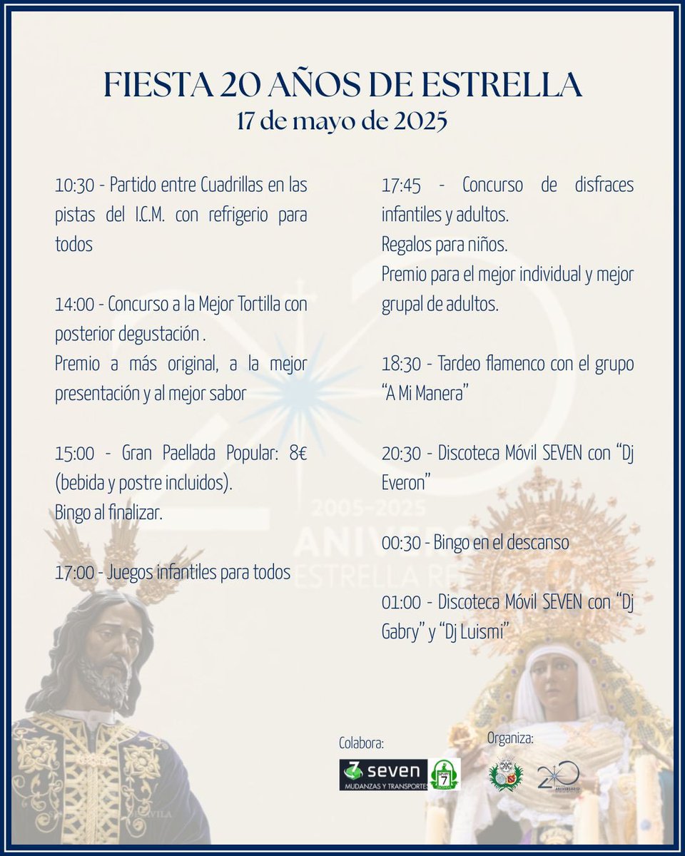 🔵 FIESTA #20AñosdeEstrella

Como ya anunciamos, el próximo sábado 17 de mayo tendremos en la Plaza Virreina María nuestra fiesta y anual convivencia.