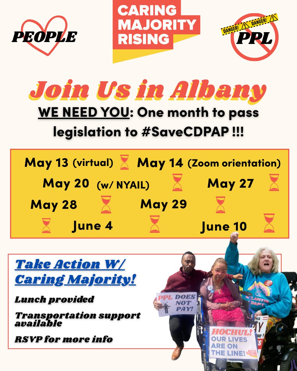 🆘⏳ALL OUT TO ALBANY! WE NEED TO TURN OUT AS MANY NEW YORKERS AS POSSIBLE TO FIGHT FOR LEGISLATION TO #SAVECDPAP! WE MUST STOP THE DEADLY TRANSITION TO PPL!

Please join Team Caring Majority on any (or many!) of these Action Days!!! 

RSVP at link below. DM us w/ questions.