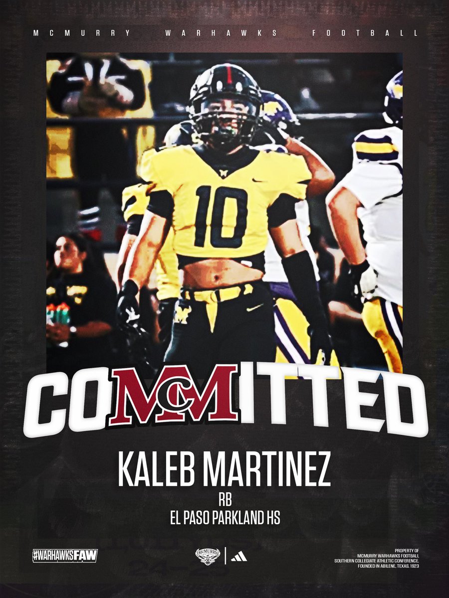 Kaleb I. Martinez (@kaleb10martinez) on Twitter photo Would love to take the time to thank everyone who has supported to get to this chapter of my life ! I have committed to <a href="/McMURRYFOOTBALL/">McMURRY FOOTBALL</a> and would love to thank <a href="/CoachNealMcM/">JORDAN NEAL</a> and his coaching staff for this opportunity ! <a href="/CoachMac_PHS/">Leigh McWhorter</a> <a href="/eric_scogin/">Eric Scogin</a> <a href="/phsmats/">Parkland Matadors</a> <a href="/Prep1USA/">PREP1</a> Would love to take the time to thank everyone who has supported to get to this chapter of my life ! I have committed to <a href="/McMURRYFOOTBALL/">McMURRY FOOTBALL</a> and would love to thank <a href="/CoachNealMcM/">JORDAN NEAL</a> and his coaching staff for this opportunity ! <a href="/CoachMac_PHS/">Leigh McWhorter</a> <a href="/eric_scogin/">Eric Scogin</a> <a href="/phsmats/">Parkland Matadors</a> <a href="/Prep1USA/">PREP1</a>