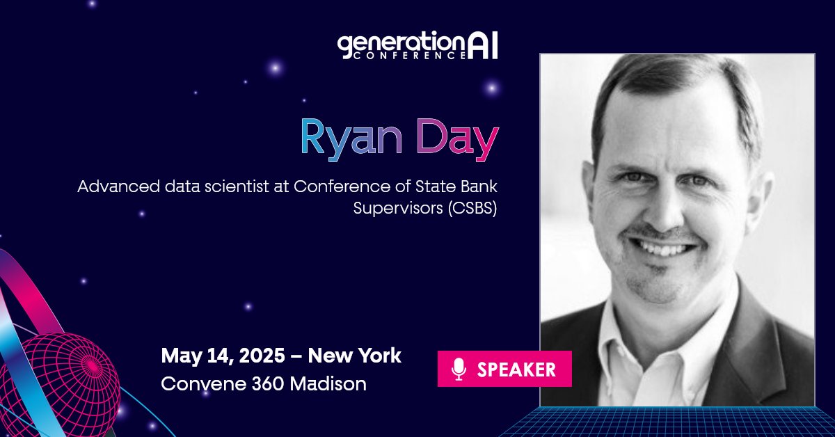 📢 Another exciting addition to the GenerationAI New York speaker lineup: Ryan Day, Advanced Data Scientist at the Conference of State Bank Supervisors (CSBS).

🧠⚙️ Catch his session: “Creating Machine Learning APIs”.

#GenerationAINewYork