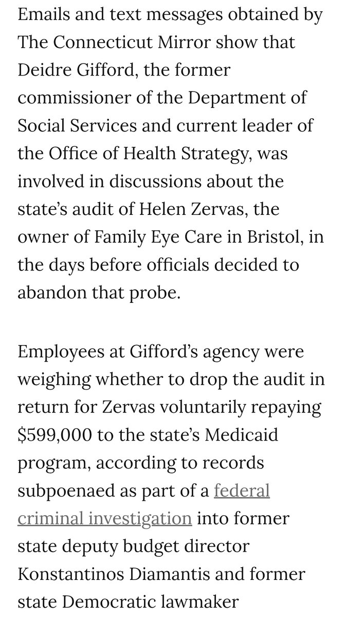 The corruption and ineptitude in Connecticut Government is out of Control. 

"Deidre Gifford, the former commissioner of the Department of Social Services and current leader of the Office of Health Strategy," was aware the cancelled Medicaid Fraud Audit involving Optometrist