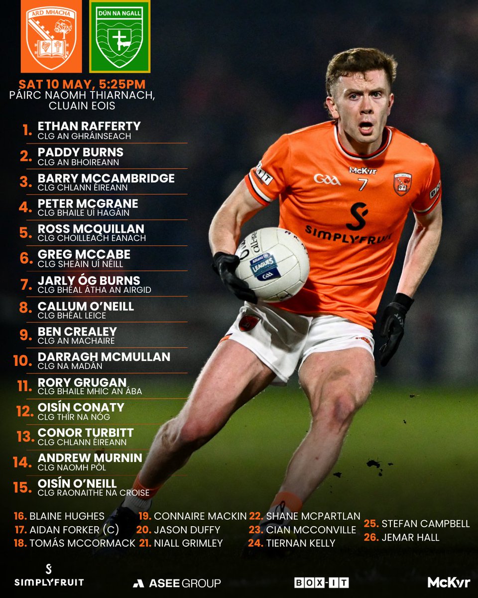 💨 WE HAVE WHITE SMOKE!!💨

Have a look at the team due to take on Dún na nGall in the ULSTER FOOTBALL FINAL this weekend!

Don't forget your FLAGS, your VOICE and your ORANGE!!! BRING THEM ALL!!!

🏆 USFC Final🏐
🆚 Dún na nGall 
🗓️ Sat 10 May
⏰ 5:25pm 
🏟️Clones
📺 BBC / RTÉ
