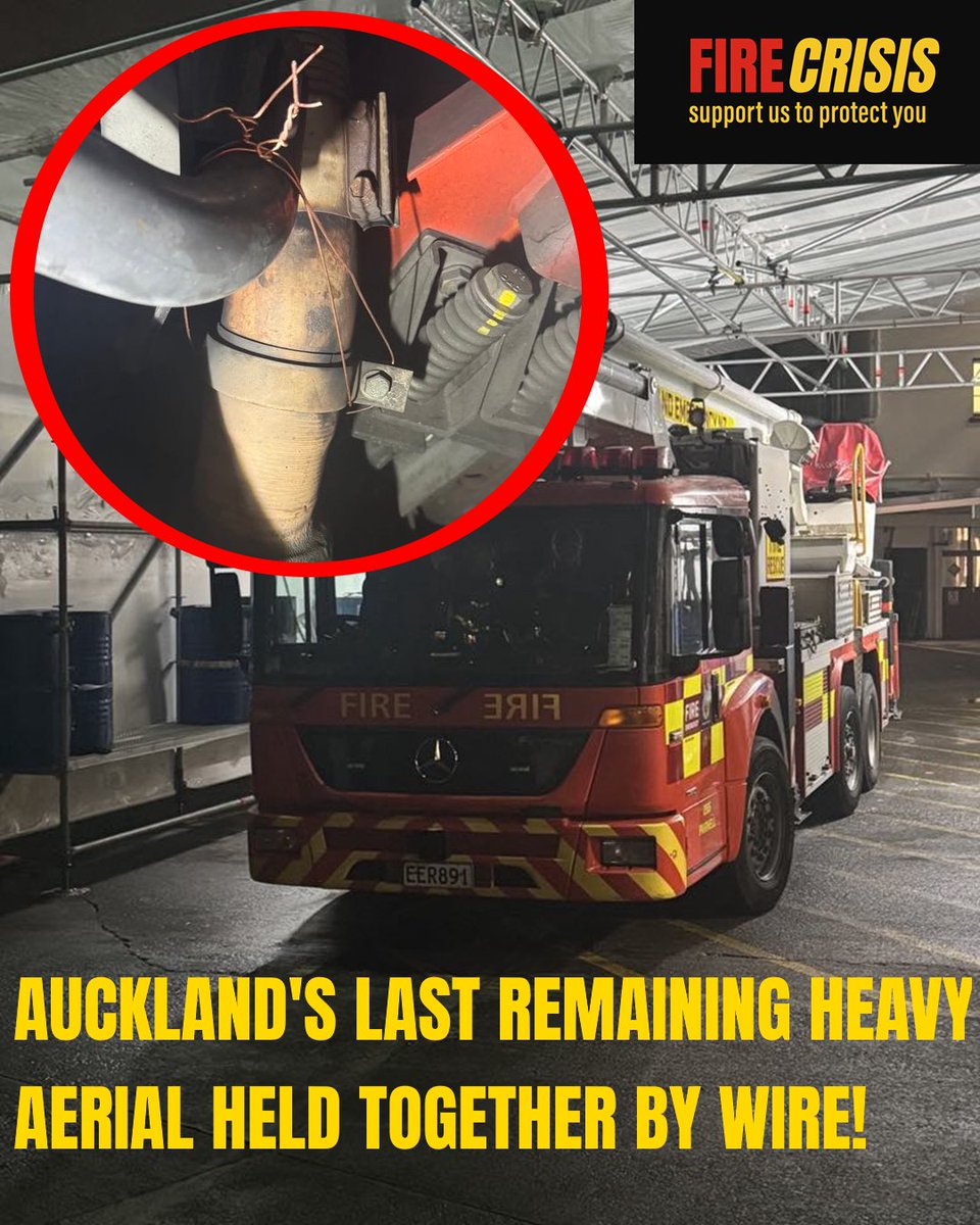 NZPFU's tweet photo. Auckland’s only remaining high-reach ladder truck is literally being held together by kiwi ingenuity and number 8 wire! We've got you Auckland #FireCrisis https://t.co/INsisvczck