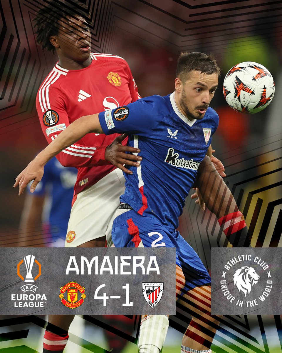 Athletic Club (@athletic_eus) on Twitter photo 🔚 𝗔𝗠𝗔𝗜𝗘𝗥𝗔
Athleticek, dena eman ondoren, Old Trafforden galdu eta finalaren atarian <a href="/EuropaLeague/">UEFA Europa League</a>-ari agur esan dio.
👏 Talde eta zalego itzel honentzat, ohore. Itzuliko gara.
#MUFCAthletic #UniqueInTheWorld 🦁 🔚 𝗔𝗠𝗔𝗜𝗘𝗥𝗔
Athleticek, dena eman ondoren, Old Trafforden galdu eta finalaren atarian <a href="/EuropaLeague/">UEFA Europa League</a>-ari agur esan dio.
👏 Talde eta zalego itzel honentzat, ohore. Itzuliko gara.
#MUFCAthletic #UniqueInTheWorld 🦁