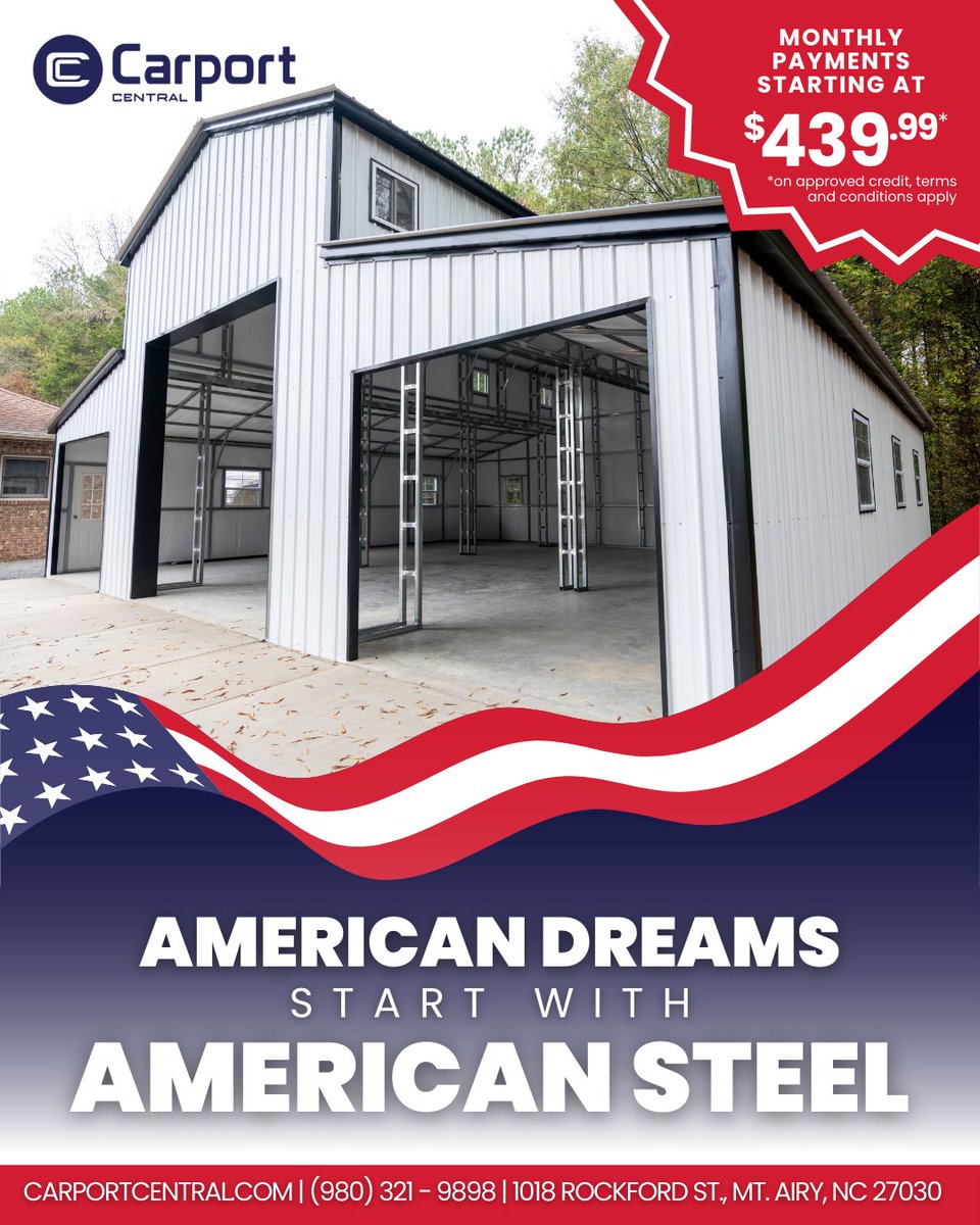 At Carport Central, we believe American Dreams deserve American Steel.

Whether you’re building a workshop, barn, or multipurpose structure, our  steel buildings are manufactured right here in America!

Reach out today!

 carportcentral.com | (866) 716-3556
