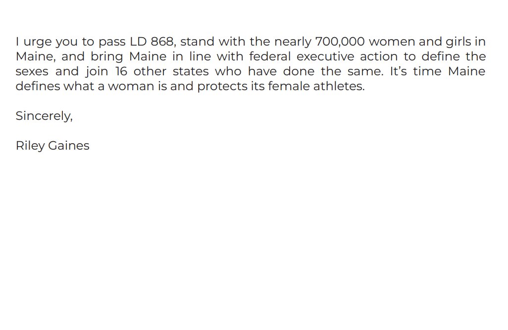 Independent Women's Voice (@iwv) on Twitter photo "Over 1,900 females have been displaced by males competing in women’s sporting events. Schools must not be allowed to continue discriminating against female athletes."
🏆 <a href="/Riley_Gaines_/">Riley Gaines</a> submitted written testimony in support of Maine's LD 868. Check it out: "Over 1,900 females have been displaced by males competing in women’s sporting events. Schools must not be allowed to continue discriminating against female athletes."
🏆 <a href="/Riley_Gaines_/">Riley Gaines</a> submitted written testimony in support of Maine's LD 868. Check it out: