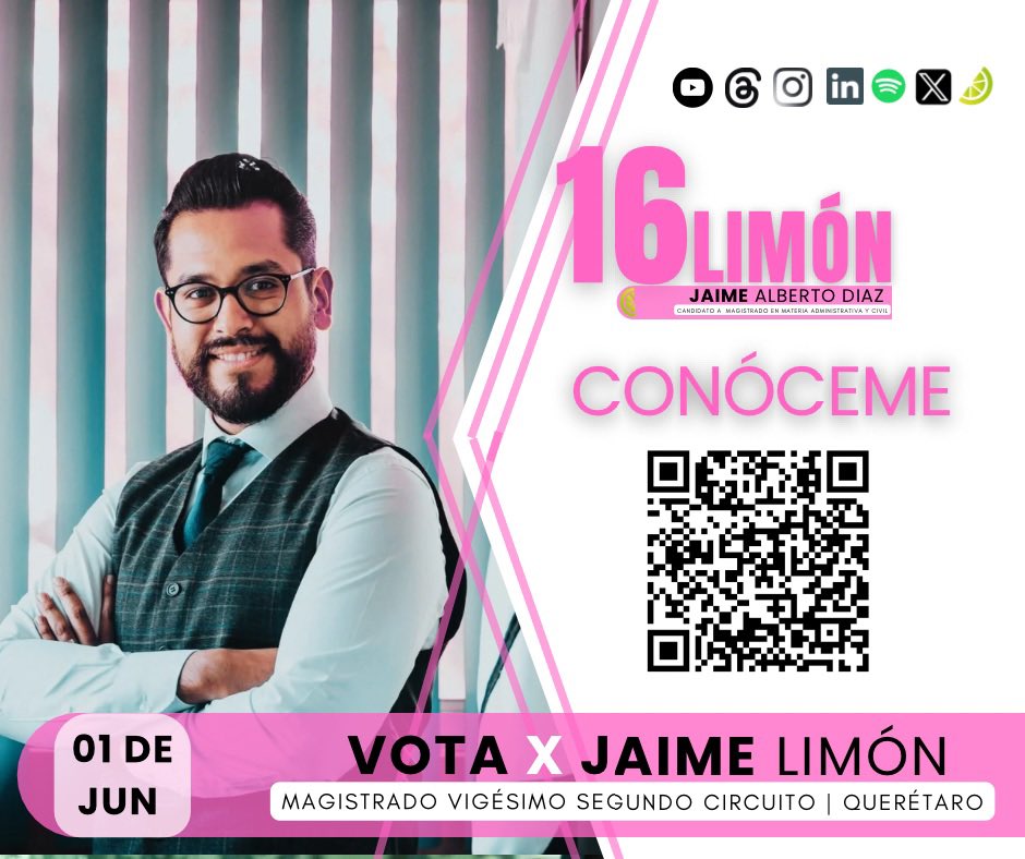⚖️ #Querétaro tiene la oportunidad de escribir una nueva historia en el #PoderJudicial. 

<a href="/JaimeLimonMX/">Jaime Limón MX</a> es experiencia, honestidad y compromiso. Conoce sus logros y trayectoria aquí: 👉🏻 bit.ly/JaimeLimonMX

Este 1º de junio, tu voto define el futuro.
#Elecciones2025MX