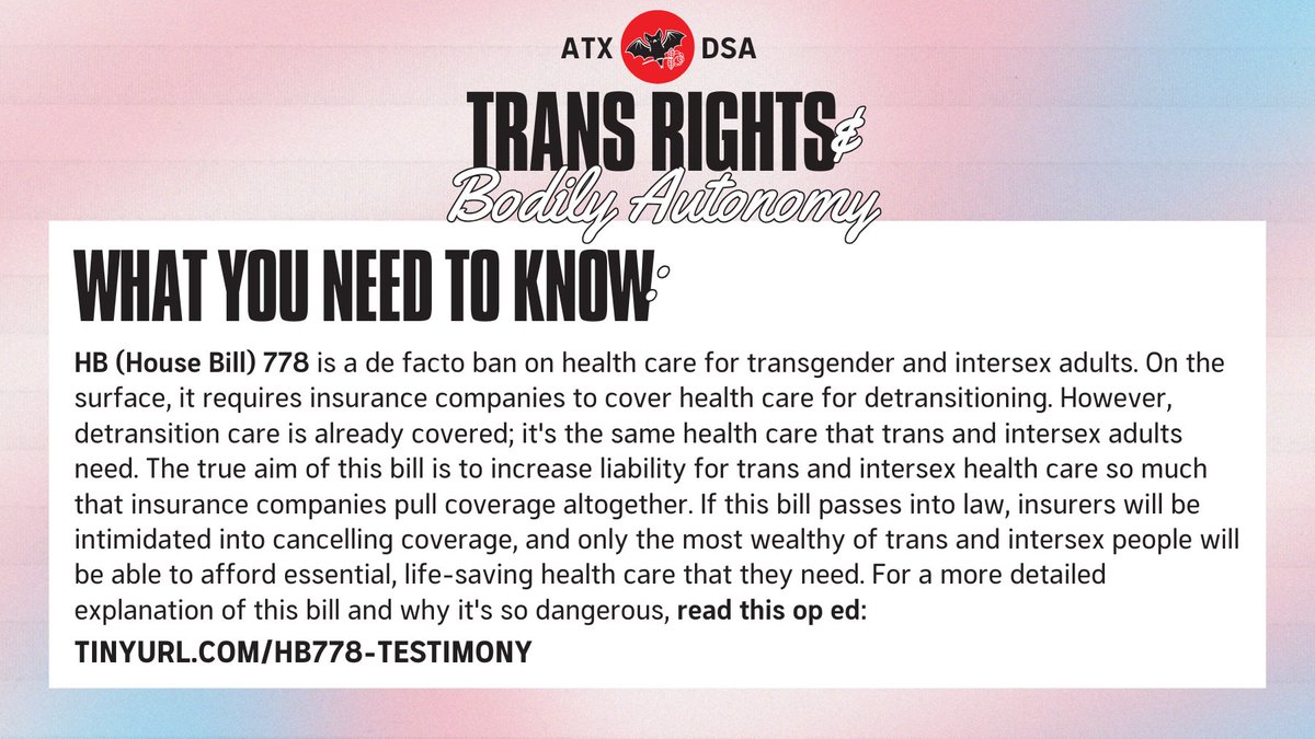 austin_DSA's tweet photo. Austin DSA’s Trans Right and Bodily Autonomy Campaign is issuing a call-to-action to contact your Texas state representative in opposition to TWO bad bills (HB 778 +HB 229)! Find your representative here: https://t.co/kma7vrElqB https://t.co/heoYo813KH
