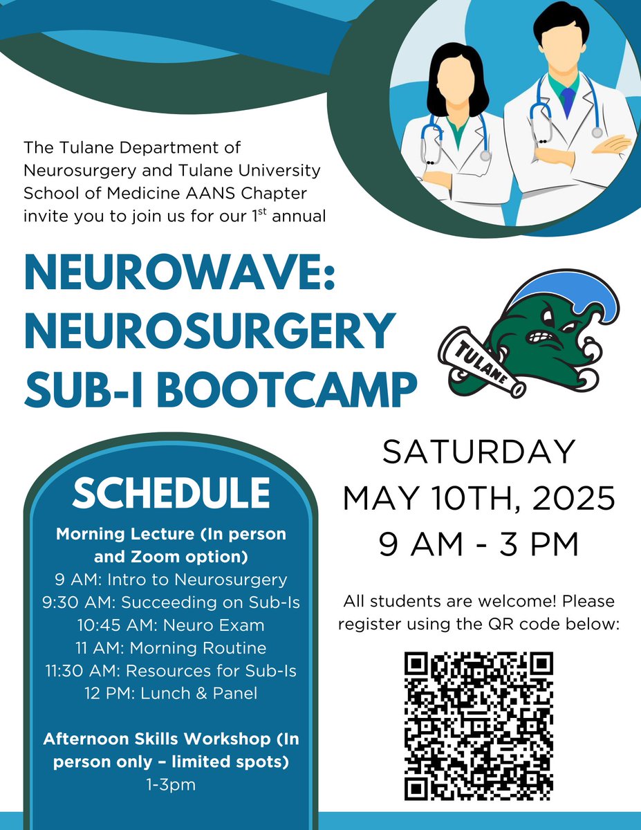 🚨 Last day to sign up for NeuroWave! 🚨 Tulane AANS and the Department of Neurosurgery are hosting a Sub-I Bootcamp open to med students from all schools and years. Get insider tips on how to thrive on your Sub-Is.
#NeuroWave #Neurosurgery #MedTwitter #Tulane