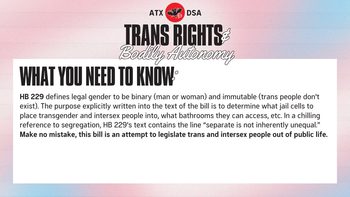 austin_DSA's tweet photo. Austin DSA’s Trans Right and Bodily Autonomy Campaign is issuing a call-to-action to contact your Texas state representative in opposition to TWO bad bills (HB 778 +HB 229)! Find your representative here: https://t.co/kma7vrElqB https://t.co/heoYo813KH