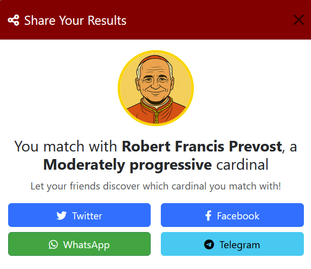conclavoscope's tweet photo. Only 0.06% of players who tried https://t.co/6j9xwXUwMG found the future Leo XIV!

Are you one of the lucky few?

#LeoXIV #HabemusPapam #Conclavoscope #PapalPrediction https://t.co/f3kfdnewvo