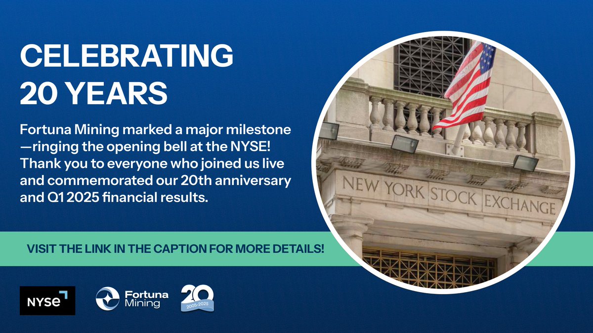 fortunamining's tweet image. 🔔 What a moment!
Yesterday, Fortuna Mining rang the NYSE opening bell, celebrating 20 years of growth and the release of our Q1 financial results.
🎥 Missed it? Watch the full video and learn more here ➡ youtube.com/@NYSEofficial/…
📊Check out our Q1 financial results here ➡…