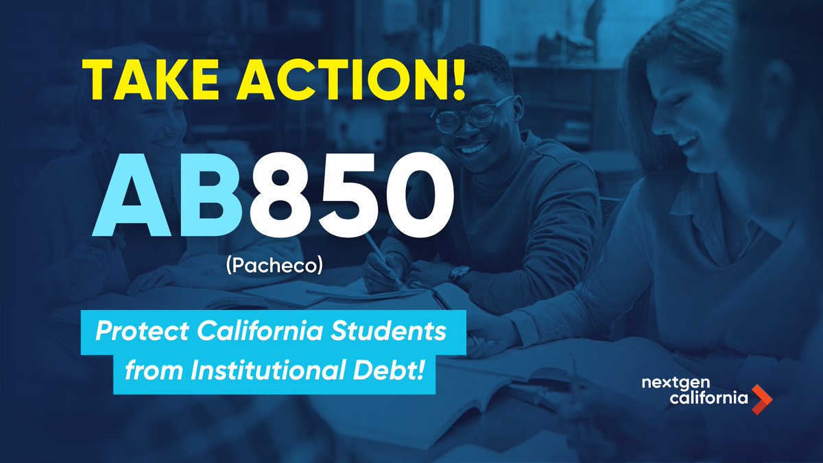 NextGen Policy (@nextgen_policy) on Twitter photo 📣CA students are being BLOCKED from enrolling in classes due to a little known form of debt!🚨Let #CALeg know that #AB850 (<a href="/AsmPacheco/">Assemblywoman Blanca Pacheco</a>) must pass to protect students from #InstitutionalDebt & harmful collection practices.
📩 Email Asm. Chair Wicks TODAY: go.nextgenpolicy.org/uhLz 📣CA students are being BLOCKED from enrolling in classes due to a little known form of debt!🚨Let #CALeg know that #AB850 (<a href="/AsmPacheco/">Assemblywoman Blanca Pacheco</a>) must pass to protect students from #InstitutionalDebt & harmful collection practices.
📩 Email Asm. Chair Wicks TODAY: go.nextgenpolicy.org/uhLz