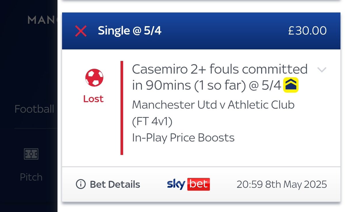InsideRedDevil's tweet photo. @SkyBet @SkyBetHelp hello, the below bet was placed at half time when casemiro was on 1 foul. He then got a yellow card for a foul at the 59th minute. Therefore this bet should be a win. Please review. https://t.co/5VoHwJWK6w