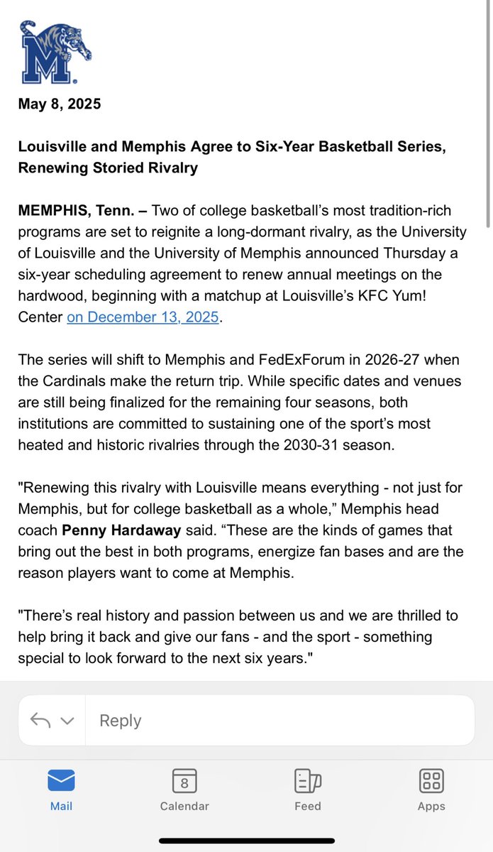 INBOX: Memphis and Louisville men’s basketball have agreed to a new six-year series, renewing a once-intense rivalry.

First matchup of the new series will be played at Louisville’s KFC Yum! Center on Dec. 13, 2025.

Huge news.