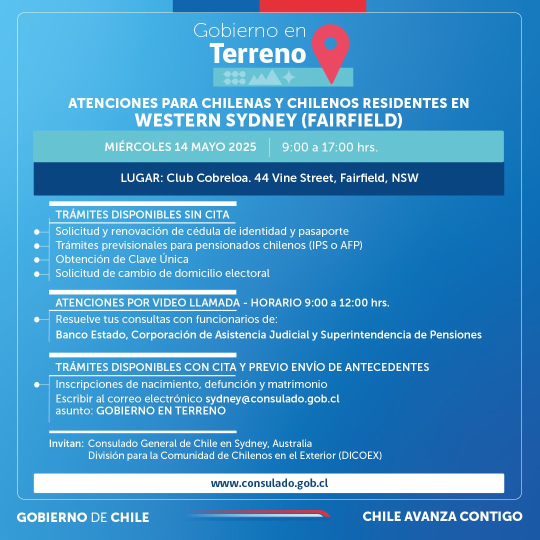 📢¡Atención comunidad chilena en Australia!
🔸Estaremos junto a otros servicios públicos en el #GobiernoEnTerreno, organizado por <a href="/dicoex/">Dicoex</a>, que se instalará en #Brisbane, #Sydney y #Fairfield, para que realicen diversos trámites entre el 10 y 14 de mayo.
👉 tinyurl.com/y6yc4bzc