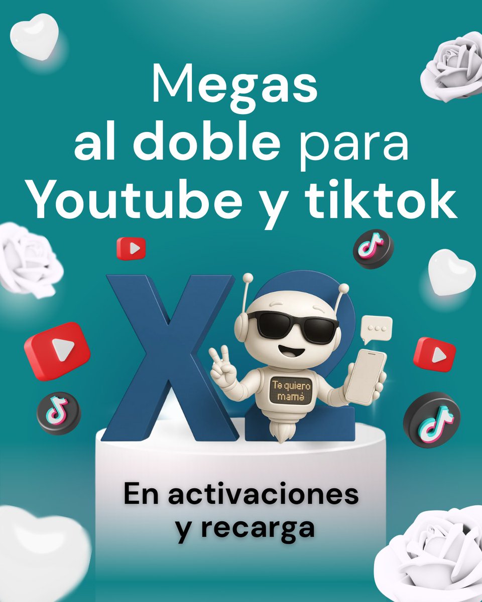 CoolMobile5's tweet photo. Este Día de las Madres, consiéntela con el doble de conexión 
Al hacer tu recarga o activación, ¡recibe BONO DOBLE DE DATOS para TikTok y YouTube! 
https://t.co/iLSSZ7UvI7
Promoción válida del 8 al 14 de mayo del 2025
Aplican términos y condiciones. Política de uso justo. https://t.co/6AESdws8q5