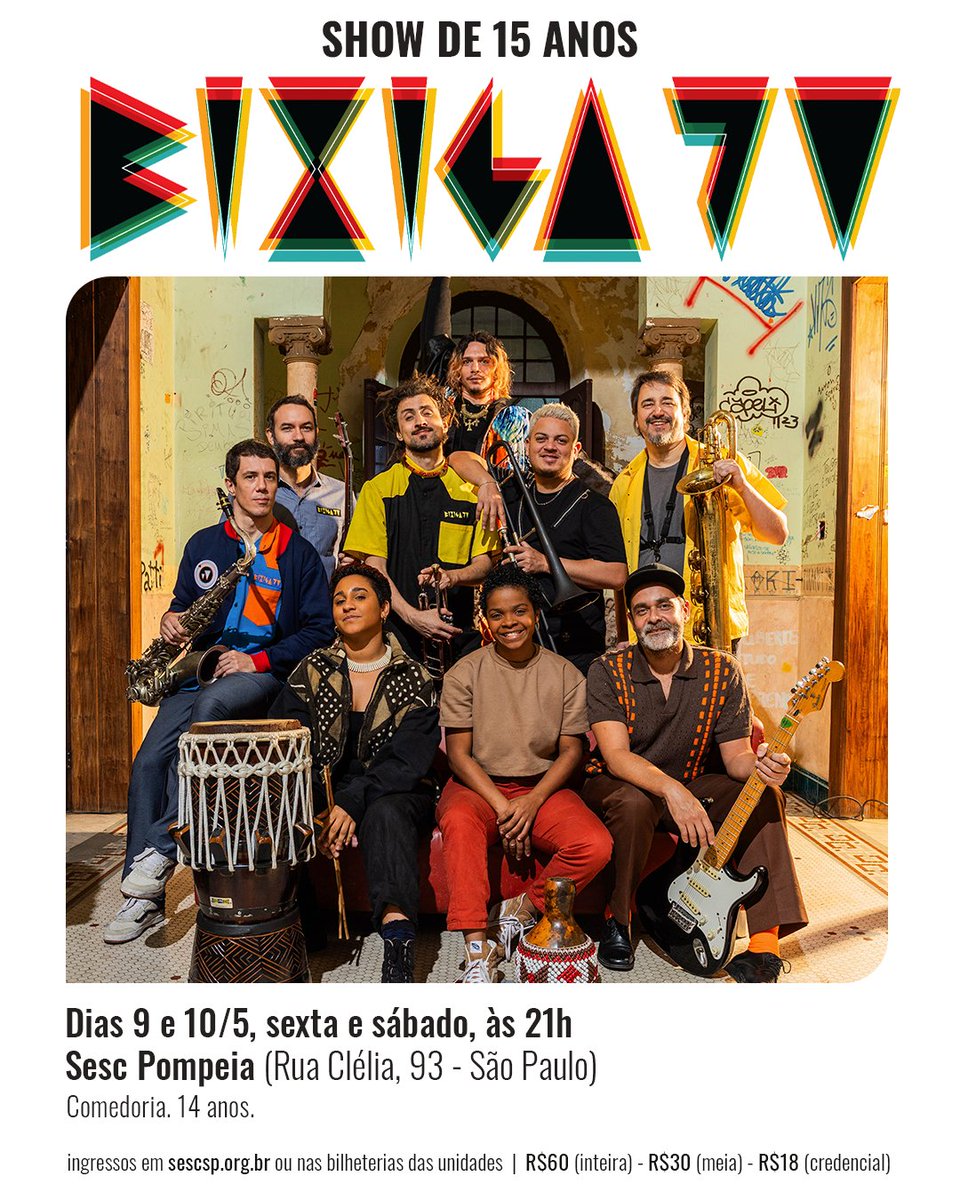 É HOJE! Nos vemos logo mais no Sesc Pompeia, showzaço especial de 15 anos! Ainda dá tempo de pegar seu ingresso pelo site do Sesc ou diretamente nas bilheterias das unidades. BORAAA 🔥🙌🎶