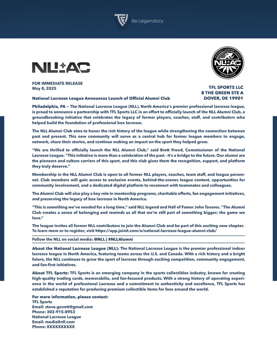 tfltradingcards's tweet image. Big News - Launching the NLL Alumni Club!