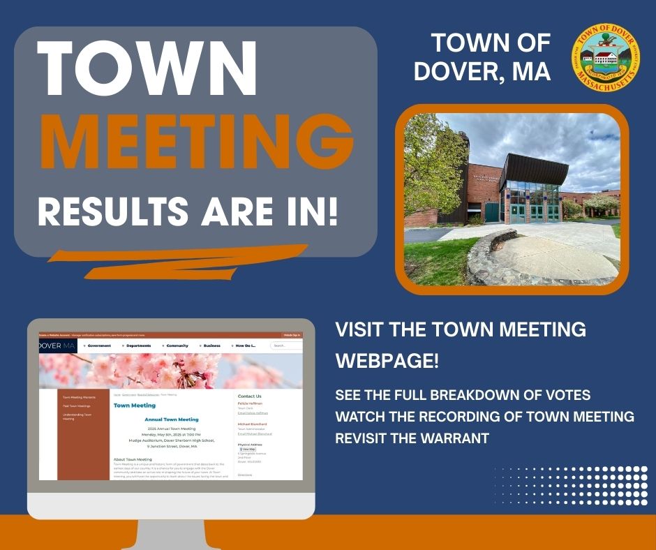 🔔Town Meeting Results🔔

Thank you to everyone who came to the 2025 Annual Town Meeting! Results of the Warrant votes are in👇

☑️For a full breakdown of votes: doverma.gov/453/Town-Meeti…
📽️View the Town Meeting: youtu.be/DkMRLt8xIhA?fe… 
 
We hope to see you next year! #DoverMA