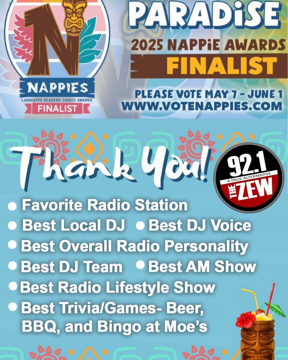 92ZEW -- Mobile's True Alternative since 1983 (@92zew) on Twitter photo A huge thank you again for the moms this year in the <a href="/Lagniappe_Daily/">Lagniappe Daily</a> Nappie” Awards! Please vote for us in the media section daily. The fate of the entire world depends on it. Well not really, we just wanted to get your attention. We’re not above trickery. A huge thank you again for the moms this year in the <a href="/Lagniappe_Daily/">Lagniappe Daily</a> Nappie” Awards! Please vote for us in the media section daily. The fate of the entire world depends on it. Well not really, we just wanted to get your attention. We’re not above trickery.