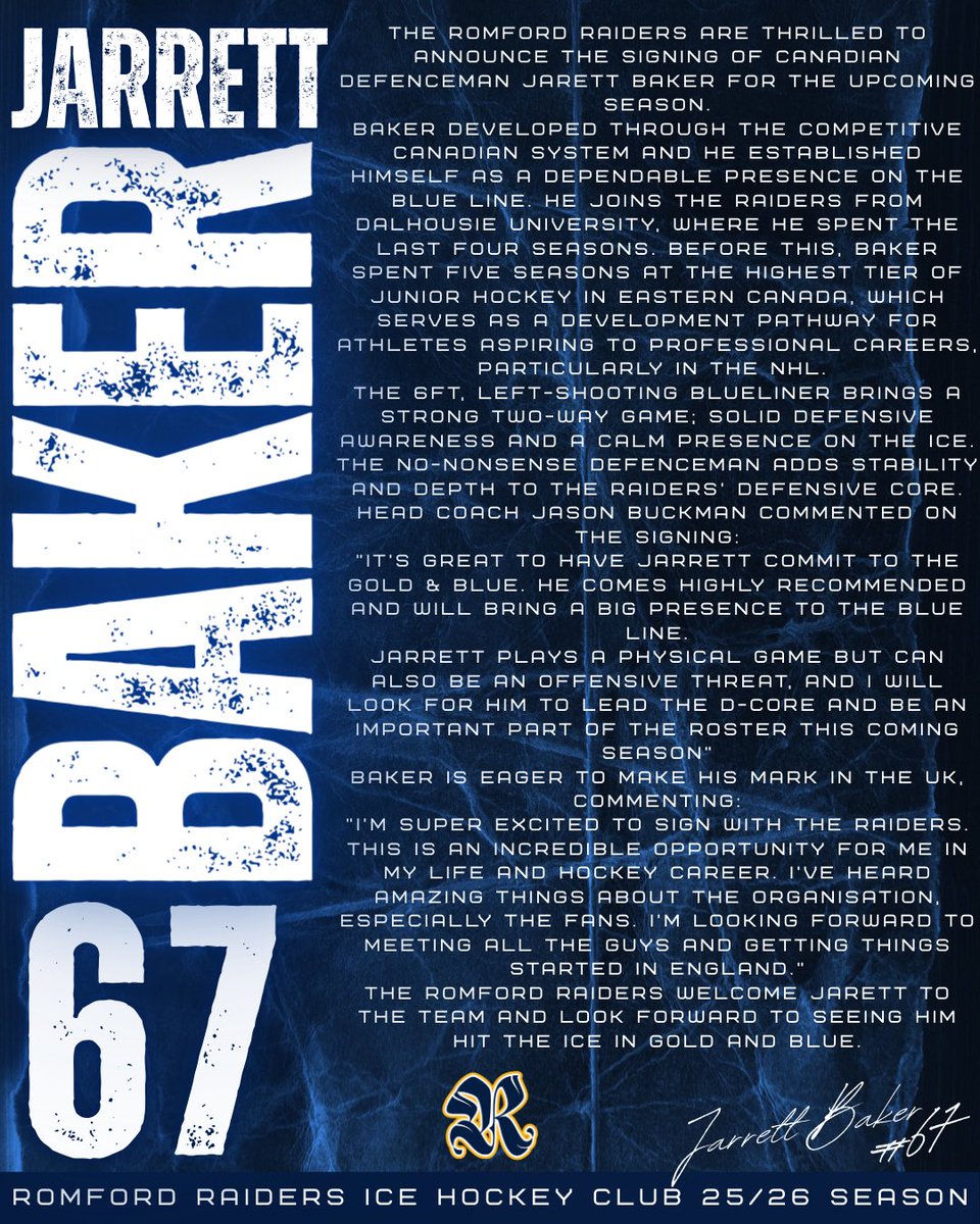 Raiders_IHC's tweet image. π£ WELCOMING CANADIAN DEFENCEMAN JARRETT BAKER TO THE ROMFORD RAIDERS π£
The Romford Raiders welcome Jarett to the team and look forward to seeing him hit the ice in Gold & Blue. π π΅
#romfordraiders #icehockey