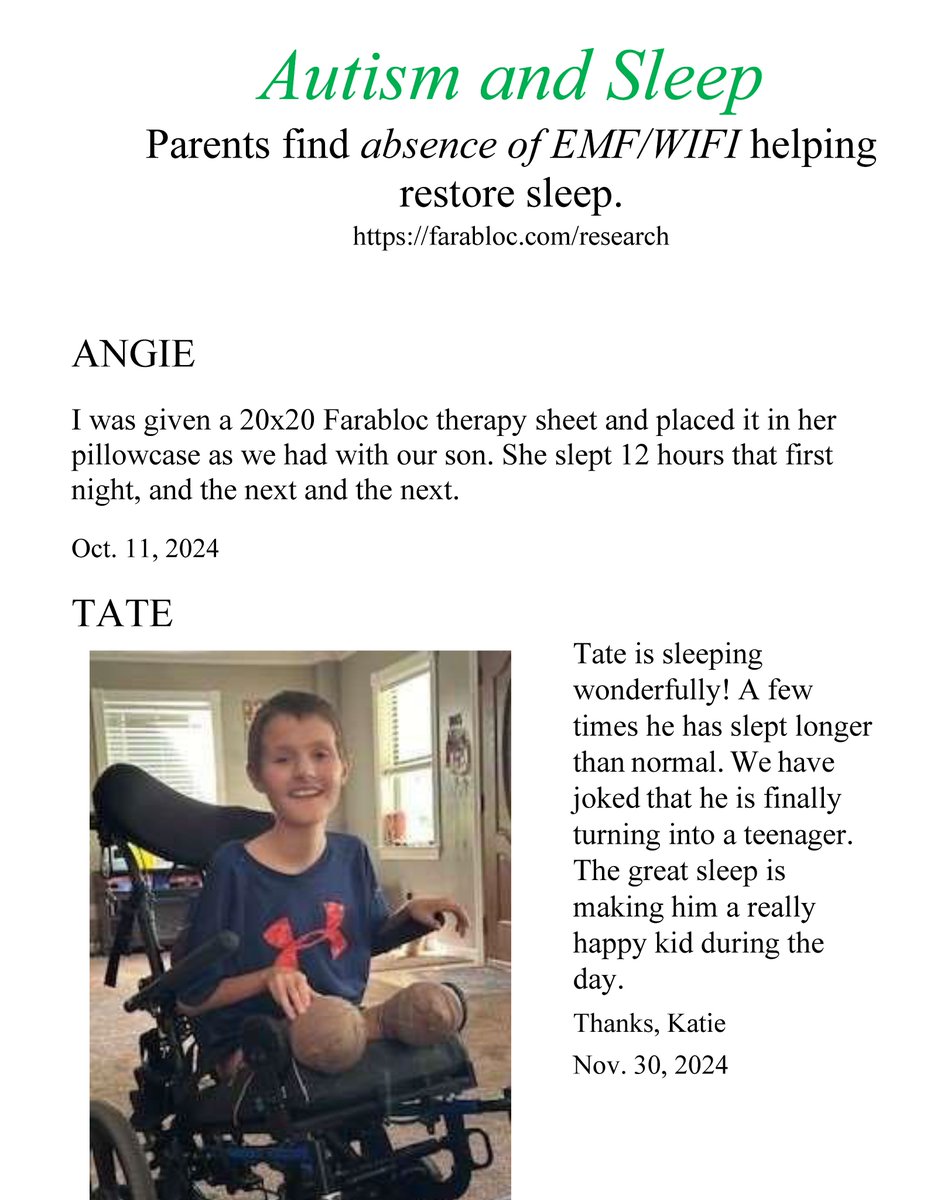 DNixdorf's tweet photo. Parents find #Autism #sleep loss begins to restore the first 2 nights with #Farabloc therapy pillow sheet placed inside pillow case. https://t.co/HAkkjxofz8