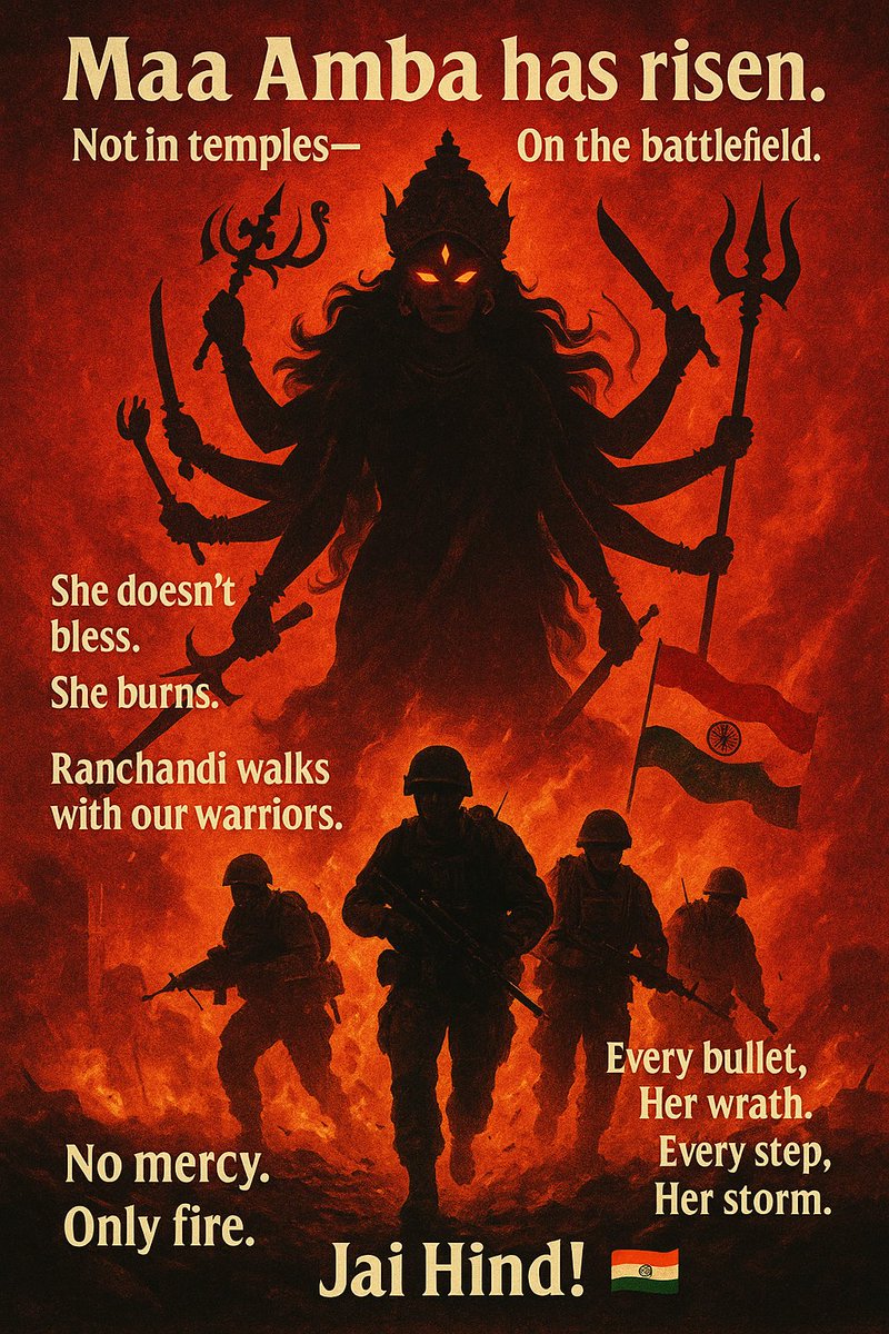 _Akhand_Bhaarat's tweet photo. This is not war. This is Her awakening. She is fire &amp; fury. Maa Amba’s rage flows in every bullet, every heartbeat. With Her fury behind our forces, this isn’t just retaliation, it’s righteous reckoning. Let enemies pray. Ranchandi has risen &amp; She doesn’t spare.
Jai Hind!

💪🏻🇮🇳⚡ https://t.co/ImQoJ3QlrH