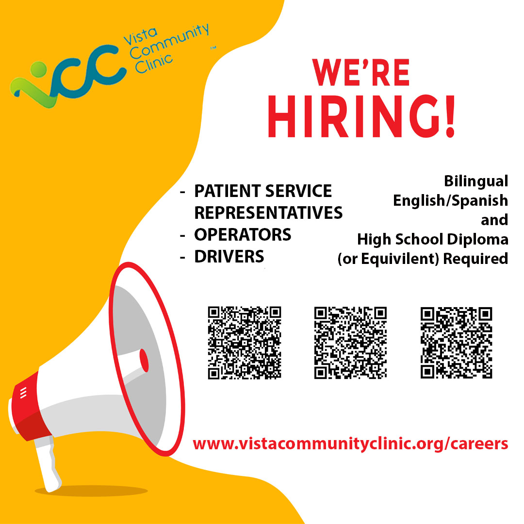 Join our team. Vista Community Clinic is hiring! Click on the link below to see all our open positions and apply today! …ortaln-vistacommunityclinic.icims.com/jobs/intro?has… Vista Community Clinic is an Equal Opportunity Employer. #VCC #ChooseHealth #HiringNow #HealthcareCareers
