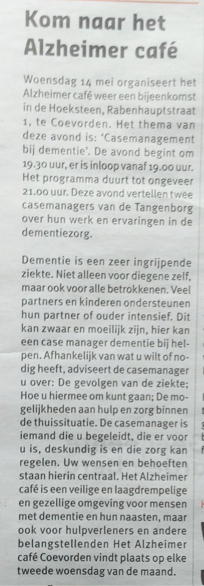 Bent u er ook bij, woensdag 14 mei in De Hoeksteen?
Entree, koffie en thee zijn gratis. U bent van harte welkom...