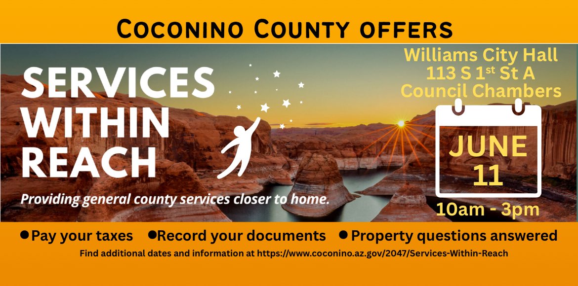 CoCoTreasury's tweet image. Join us on Wednesday, June 11th at the Williams City Hall for services closer to home! We will be there from 10am until 3pm to assist you!