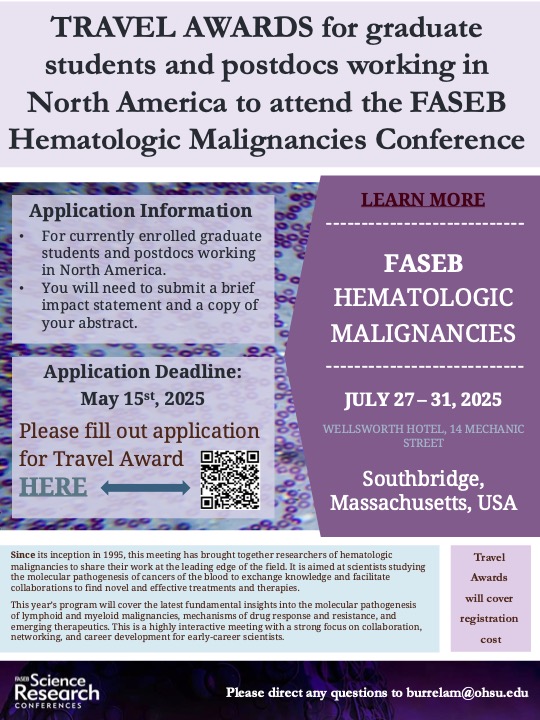 juliamaxson's tweet image. Don't forget to apply for travel awards for the FASEB Hematologic Malignancies Meeting by May 15th!!! This is a fantastic meeting for trainees!