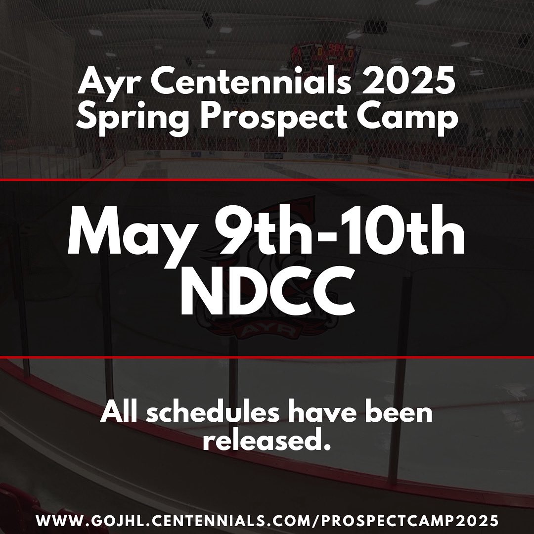 Ayr Centennials Alumni (@4_cens) on Twitter photo Our <a href="/AyrCentennials/">Ayr Centennials</a> 2025 prospect camp starts tomorrow at the NDCC!
Schedules and full camp details were sent to emails used for signup.
If you did not receive an email, please contact jnagle@wood-hall.com
We look forward to a great camp !
<a href="/jeffgrimwood20/">Jeff Grimwood</a> <a href="/GOJHL/">GOJHL</a> Our <a href="/AyrCentennials/">Ayr Centennials</a> 2025 prospect camp starts tomorrow at the NDCC!
Schedules and full camp details were sent to emails used for signup.
If you did not receive an email, please contact jnagle@wood-hall.com
We look forward to a great camp !
<a href="/jeffgrimwood20/">Jeff Grimwood</a> <a href="/GOJHL/">GOJHL</a>