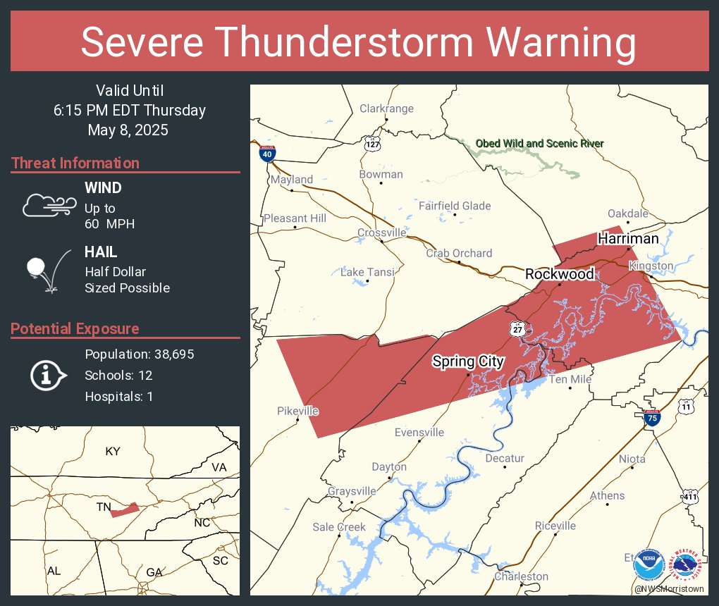 Severe Thunderstorm Warning including Harriman TN, Rockwood TN and  Spring City TN until 6:15 PM EDT