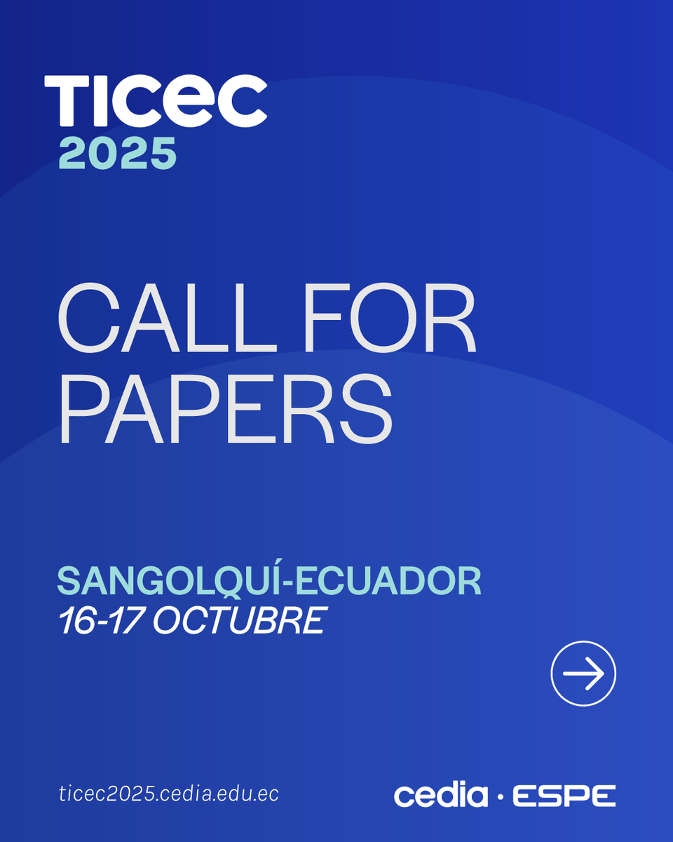 CongresoTICEC's tweet photo. 📢¡Atención investigadores y científicos! Si tienes una investigación innovadora en tecnología o su aplicación práctica, ¡esta es tu oportunidad de brillar! 💡
¡Únete a la conferencia más grande e importante del Ecuador!
🌍https://t.co/4IjRmhuI5o
🤝 Organizan: @CEDIAec y @ESPEU https://t.co/pFN6M5Rrxj