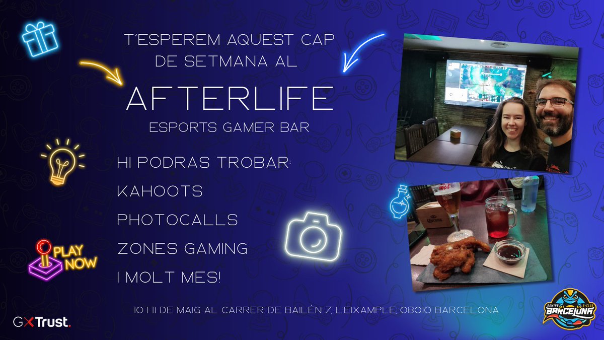 Aquest 10 i 11 de Maig t'esperem al <a href="/BarAfterlife/">Afterlife Gamer Bar - Barcelona</a> on es celebra un esdeveniment de #TFT 
Si voleu sorpreses per part de Gaming Barcelona obriu-nos per privat 🎁🫢
Hi haurà tot tipus d'activitats i pocions 🤩

#OrgullBarceloní · #UnaGranFamília 💙💛