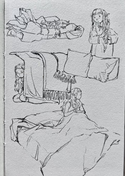 sketches of thistle, inspired by 11's thistle's interactions with beds/sleep 