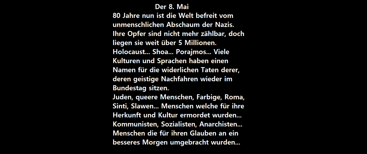 kommando161's tweet photo. Der heutige Tag #8mai bricht das Herz und füllt es doch mit Freude.
Denn #niewiederistjetzt
Für das Ende der #fckafd und der #fckcdu 
#antifa für immer! https://t.co/Iz6dhXkygu