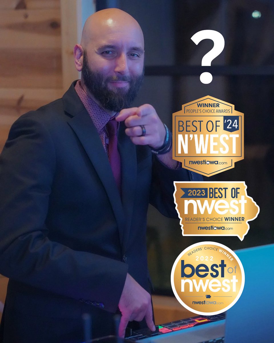 In the running for Best DJ in Northwest Iowa — for the 4th year in a row! 🏆🏆🏆 (Would you consider helping us win number 4?!)
✅ Vote daily until May 18 @ 11:59 PM
🎯 DJ Services is in Entertainment/Lodging under “Attraction”
👉Vote here: nwestiowa.com/bestofnwest/#/…